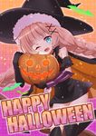  ;d blue_eyes braid brown_hair happy_halloween hat looking_at_viewer mahou_shoujo_ikusei_keikaku okazaki_beru one_eye_closed open_mouth pumpkin smile solo top_speed twin_braids witch_hat 