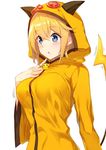  blonde_hair blue_eyes blush breast_suppress breasts cosplay eyebrows eyebrows_visible_through_hair finger_to_face gen_1_pokemon hair_between_eyes hood hooded_jacket jacket large_breasts long_hair looking_to_the_side motion_lines open_mouth original pokemon raichu raichu_(cosplay) simple_background solo tail white_background yappen 
