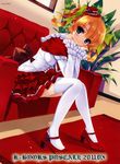  absurdres blonde_hair blue_eyes blush couch dress frilled_skirt frilled_sleeves frills hair_ornament hands_on_own_cheeks hands_on_own_face high_heels highres kuroya_shinobu looking_at_viewer non-web_source plant scan short_dress short_hair sitting skirt smile solo thighhighs white_legwear zettai_ryouiki 