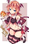  2016 bare_shoulders blue_eyes blush bow breasts brown_hair commentary_request crop_top demon_girl demon_tail demon_wings detached_sleeves grin halloween hand_on_hip head_wings jack-o'-lantern knees_together_feet_apart looking_at_viewer low_twintails medium_breasts medium_hair midriff navel necktie original pointy_ears pumpkin raphilia_meredith shiny shiny_skin shoes short_shorts shorts smile solo striped striped_legwear tail teeth thighhighs twintails unacchi_(nyusankin) wings wrist_cuffs 