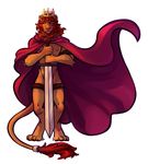  2016 abs anthro athletic biceps brown_fur cape clothing crown digital_media_(artwork) feline fur hair hi_res holding_object holding_weapon lion male mammal melee_weapon muscular nipples nude pecs sieg simple_background solo standing sword weapon 