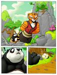  2016 anthro bear clothed clothing comic dreamworks duo feline female food fur kung_fu_panda male mammal master_tigress outside panda po rabid sky slightly_chubby stripes tiger tree 