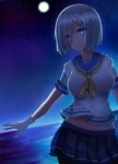  blue_eyes blue_skirt breasts eyebrows eyebrows_visible_through_hair eyes_visible_through_hair gloves hair_ornament hair_over_one_eye hairclip hamakaze_(kantai_collection) kantai_collection large_breasts looking_at_viewer midriff moon navel night night_sky ocean pantyhose school_uniform serafuku short_sleeves silver_hair skirt sky smile solo star white_gloves wosero 