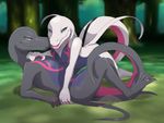  2016 alternate_color ambiguous_gender black_skin claws duo english_text grass grey_skin looking_at_viewer lying nintendo nude on_back outside pok&eacute;mon purple_skin reptile salazzle scalie shiny_pok&eacute;mon smile tartii text tree video_games watermark white_skin 