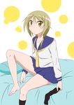  1girl barefoot blonde_hair blush feet ichii_yui school_uniform single_sock skirt socks solo tatsuya_(guild_plus) twintails yellow_eyes yuyushiki 