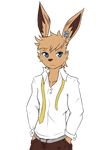 2016 alpha_channel blue_eyes brown_fur clothing ear_piercing frown fur hands_in_pockets lagomorph looking_at_viewer male mammal messy necktie pants piercing rabbit repeat_(visual_novel) shirokoi shirt simple_background sissel_(repeat) solo transparent_background 