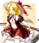  :d aka_tawashi blonde_hair blush bow breasts brown_ribbon brown_shirt center_opening commentary_request cowboy_shot elly hat hat_bow holding holding_scythe holding_weapon looking_at_viewer medium_breasts navel neck_ribbon open_clothes open_mouth open_shirt petticoat puffy_short_sleeves puffy_sleeves red_bow red_skirt ribbon scythe shirt short_hair short_sleeves skirt smile solo stomach touhou touhou_(pc-98) weapon white_hat yellow_eyes 
