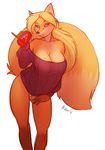  2016 anthro april big_breasts blonde_hair breasts canine cleavage clothed clothing female fox fur hair huge_breasts looking_at_viewer mammal open_mouth solo standing wide_hips woadedfox 