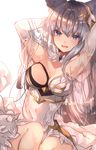  animal_ears armpits bangs bare_shoulders blue_eyes blush breasts cat_ears cleavage dress elbow_gloves erune gloves granblue_fantasy hair_ornament highres korwa large_breasts long_hair looking_at_viewer silver_hair simple_background smile solo sweetroad white_background white_gloves 