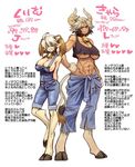  :d abs ahoge animal_ears arms_behind_back bell black_hair blonde_hair breasts brown_eyes brown_hair cara_(okayado) character_profile cleavage collar cow_bell cow_ears cow_girl cow_horns cow_tail cream_(okayado) dark_skin digitigrade full_body gloves hand_on_hip height_difference hooves horns huge_breasts long_hair monster_musume_no_iru_nichijou multicolored_hair multiple_girls no_bra okayado open_mouth overalls pointy_ears short_hair smile standing tail translated twintails two-tone_hair underboob 