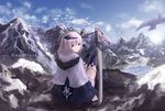  blue_sky cancell capelet closed_mouth cloud commentary day dual_wielding from_behind hair_between_eyes holding horns kneehighs knees_together_feet_apart looking_at_viewer looking_back mountain original outdoors red_eyes scenery silver_hair sitting sky snow solo sword weapon 