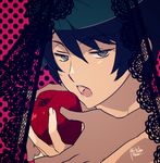  apple black_hair eyebrows eyebrows_visible_through_hair food fruit grey_eyes hiyama_kiyoteru lace looking_at_viewer male_focus mouri multiple_boys open_mouth romeo_to_cinderella_(vocaloid) signature vocaloid yaoi 