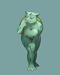  2016 anthro anthrofied areola bent_over breasts bulbasaur claws female flora_fauna green_nipples half-closed_eyes hattonslayden nintendo nipples nude plant pok&eacute;mon pok&eacute;morph red_eyes smile solo spots toe_claws video_games 