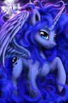  2016 blue_feathers blue_fur blue_hair cutie_mark equine feathered_wings feathers female feral friendship_is_magic full_moon fur hair hi_res hooves horn long_hair mammal moon my_little_pony princess_luna_(mlp) salterino smile solo winged_unicorn wings 