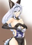  2016 adjusting_clothes animal_ears armor armored_dress bangs bare_shoulders black_gloves braid breasts brown_eyes cat_ears covering covering_breasts dated detached_collar dress dressing elbow_gloves erune eyebrows eyebrows_visible_through_hair eyes_visible_through_hair gloves gradient gradient_background granblue_fantasy hair_between_eyes hair_intakes hair_tubes hairband heles highres light_smile long_hair looking_away looking_to_the_side medium_breasts no_bra pelvic_curtain ribs side_slit silver_hair simple_background single_braid solo standing tooya_daisuke very_long_hair white_background 