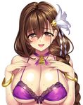  bad_id bad_twitter_id bare_shoulders bell bell_collar blush bow bra bracelet braid breasts brown_eyes brown_hair cleavage collar flower gan_(shanimuni) hair_flower hair_ornament hands_on_own_chest jewelry kanpani_girls large_breasts lipstick long_hair looking_at_viewer makeup mole mole_under_eye open_mouth shirayuri_sakura simple_background solo underwear white_background 