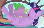  bed belly cutie_mark friendship_is_magic hair kissing laugh multicolored_hair my_little_pony pillow porygon2z purple_skin spike_(mlp) twilight_sparkle_(mlp) 