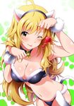  ;p ahoge animal_ears bad_id bad_twitter_id bell bell_collar bikini blonde_hair blush breasts cat_ears cat_tail cleavage collar collarbone fake_animal_ears fake_tail fur-trimmed_bikini fur_trim garana green_eyes hairband heart hoshii_miki idolmaster idolmaster_(classic) jingle_bell large_breasts long_hair looking_at_viewer navel one_eye_closed paw_pose paw_print scrunchie solo swimsuit tail tongue tongue_out two-tone_background wrist_scrunchie 