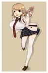  1girl absurdres bent_over blonde_hair breasts brown_eyes female gun hair_ornament hairclip huge_breasts jacket miniskirt narusawa_ryouka necktie occultic;nine open_mouth school_uniform shirt short_hair skirt solo standing thighhighs uniform weapon white_legwear white_shirt 