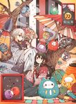  absurdres ahoge bad_id bad_pixiv_id black_hair book choko_(cup) cup daruma_doll fan folding_fan hair_ornament hairclip hakama highres hiro_(14806390) honebami_toushirou indian_style japanese_clothes male_focus multiple_boys namazuo_toushirou oriental_umbrella ponytail purple_eyes sitting smile star sword touken_ranbu tree umbrella weapon white_hair 