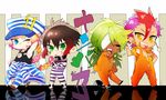  4boys ahoge artist_request ball_and_chain bandage black_hair blue_eyes collar gradient_hair green_eyes green_hair hair_between_eyes hat jewelry jumpsuit jyugo_(nanbaka) long_hair multicolored_hair multiple_boys nanbaka nico_(nanbaka) one_eye_closed orange_hair pink_hair prison_clothes purple_hair red_hair rock_(nanbaka) shackles single_braid smile uno_(nanbaka) wink yellow_eyes 