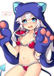  :o ap@meito armor artist_name bikini_armor blue_eyes blue_gloves blue_hat blush character_name copyright_name cowboy_shot demon_tail elsword eyebrows gloves hat heart long_hair luciela_r._sourcream navel open_mouth paw_gloves paws red_armor solo tail thick_eyebrows white_background white_hair 