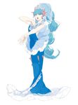  blue_eyes blue_hair buntatta dress earrings gen_7_pokemon hand_on_own_chest highres jewelry long_hair looking_at_viewer open_mouth personification pokemon primarina shell_earrings simple_background solo starfish_hair_ornament very_long_hair white_background 
