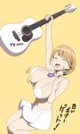  arm_up blush_stickers breasts brown_background brown_hair cleavage closed_eyes commentary_request guitar hair_ornament hairclip heart heart_hair_ornament huge_breasts instrument large_breasts meow_(nekodenki) midriff narusawa_ryouka navel occultic;nine short_hair simple_background skirt smile solo thighs translation_request 