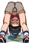  arm_support backpack bag between_legs book brown_eyes brown_hair child grin hood hoodie looking_at_viewer male_focus randoseru shoes shorts smile sneakers solo spilling upside-down uraketa 