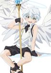  :d angel angel_wings arm_support bare_shoulders black_gloves blue_eyes commentary fingerless_gloves gloves halo highres male_focus merc_storia oltos open_clothes open_mouth open_vest sandals shorts simple_background sitting smile solo staff uraketa vest white_background white_hair wings 