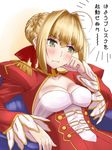  ahoge blonde_hair blush braid breasts cleavage clenched_hand closed_mouth commentary_request dress epaulettes eyebrows eyebrows_visible_through_hair fate/extra fate_(series) green_eyes hair_between_eyes hair_ribbon ishii_hisao medium_breasts nero_claudius_(fate) nero_claudius_(fate)_(all) red_dress red_ribbon ribbon sitting solo sulking translation_request upper_body 