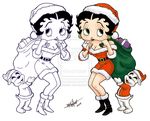  2009 anthro artstain barefoot betty_boop betty_boop_(series) black_eyes black_hair boots bottomless breasts canine christmas cleavage clothed clothing dog dress ear_piercing female footwear fur gift hair hat holidays human interspecies lipstick looking_up makeup mammal open_mouth piercing pudgy_(betty_boop) sack santa_hat short_hair simple_background size_difference standing teal_eyes watermark white_background white_fur 