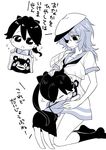  armor bangs black_legwear blush bow chibi commentary_request eyepatch flat_cap flying_sweatdrops hair_between_eyes hair_bow haramaki hat houshou_(kantai_collection) hug japanese_clothes kaga3chi kantai_collection kiso_(kantai_collection) kneehighs kumamon long_hair monochrome multiple_girls neckerchief petting ponytail school_uniform serafuku simple_background smile sweatdrop swept_bangs tasuki translated white_background younger 