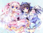  :d animal_ears arm_behind_back bear_ears blue_bow blue_eyes blue_ribbon blush bow braid breasts brown_hair cat_ears cat_tail chestnut_mouth detached_sleeves eyebrows eyebrows_visible_through_hair fang flat_chest flower frilled_sleeves frills hair_between_eyes hair_ornament hand_on_another's_shoulder head_tilt high-waist_skirt long_hair looking_at_viewer maid_headdress medium_breasts multiple_girls neck_ribbon open_mouth original paws petals petticoat purple_eyes red_ribbon ribbon sasai_saji silhouette skirt smile standing star star_hair_ornament tail thighhighs twintails very_long_hair watermark white_legwear x_hair_ornament 