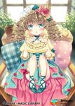  animal aqua_eyes bird blush boots brown_hair chicken company_name copyright_name doll_joints dress drill_hair flower hair_flower hair_ornament indoors looking_at_viewer manle official_art open_mouth pillow qurare_magic_library sitting sprout watermark window 