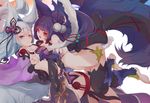  animal_ears bad_id bad_pixiv_id bangs barefoot bell black_hair blue_eyes blue_hair blunt_bangs breast_press breasts cleavage collarbone detached_sleeves erune fox_ears fox_tail from_side fur_trim glowing glowing_eyes granblue_fantasy hair_bell hair_ornament highres jingle_bell light_smile long_hair looking_at_viewer medium_breasts midriff multiple_girls open_mouth red_eyes reku_hisui sideboob silver_hair simple_background smile socie_(granblue_fantasy) symmetrical_docking tail thighhighs toeless_legwear very_long_hair white_background yuel_(granblue_fantasy) 