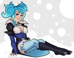  black_footwear blue_eyes blue_hair boots breasts cleavage evie_(paladins) fingerless_gloves gloves knee_boots large_breasts lipstick makeup paladins pantyhose sitting solo splashbrush teeth twintails 