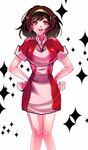  bad_id bad_pixiv_id brown_eyes brown_hair devilman dress hairband hands_on_hips makimura_miki oden_(dofuko) open_mouth red_dress short_hair smile solo 