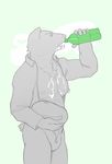  9x9 armor bear beverage clothing foam grizzly_bear helmet jumpsuit male mammal muscular pecs simple_background solo standing 