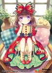  animal bird bloomers boots bow brown_hair company_name copyright_name doll_joints dress hair_bow indoors looking_at_viewer manle official_art original pillow purple_eyes qurare_magic_library red_dress sitting sprout underwear watermark window 