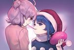  ahoge ainy77 arm_at_side back bad_id bad_pixiv_id bangs blue_eyes blue_hair blush closed_mouth doremy_sweet dream_soul embarrassed eyebrows eyebrows_visible_through_hair food food_in_mouth frown half_updo hand_on_own_face hat holding kishin_sagume long_sleeves looking_at_another looking_up mouth_hold multiple_girls nightcap no_wings pocky pocky_day pom_pom_(clothes) purple_background red_eyes short_hair signature silver_hair smile strawberry_pocky sweat touhou turtleneck upper_body yuri 
