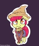  alasou apple_bloom_(mlp) clothed clothing equine female feral friendship_is_magic fur hair hay hooves mammal my_little_pony orange_eyes purple_background red_hair simple_background smile solo standing yellow_fur 