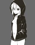  1girl character_request cleavage dosu hands_in_pocket jacket looking_at_viewer monochrome naked_jacket navel simple_background source_request tomboy 