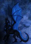  akryl black_fur black_hair blue_background blue_hair claws digitigrade dragon feral fur hair hibbary horn hybrid isvoc male membranous_wings nude simple_background solo standing wings 