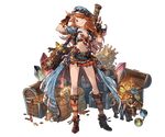  bag belt boots fingerless_gloves full_body gem gloves goggles gold granblue_fantasy gun hat holding holding_weapon jacket knee_boots long_coat long_hair looking_at_viewer mary_(granblue_fantasy) midriff minaba_hideo official_art oil_lamp one_eye_closed orange_eyes orange_hair pleated_skirt short_sleeves skirt smile solo transparent_background treasure_chest weapon 