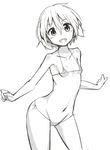  1girl bikini blush cameltoe character_request dosu looking_at_viewer monochrome navel short_hair side simple_background small_breasts smile solo source_request string_bikini 