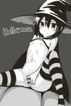  blush bottomless cape censored cleavage criss-cross_halter dosu fang halloween halloween_costume halter_top halterneck hat kino kino_no_tabi monochrome navel pumpkin pussy_juice simple_background small_breasts smile solo spread_pussy striped_thighhighs sweat thighhighs underboob witch witch_hat 