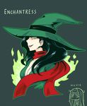  baragon black_hair breasts character_name chibi cleavage dc_comics enchantress_(dc) green_background green_eyes hat large_breasts lipstick long_hair makeup scarf simple_background solo suicide_squad upper_body witch_hat 