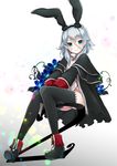  animal_ears black_legwear blue_eyes blush boots breasts bunny_ears capelet cleavage coat collar facial_scar fake_animal_ears fate/grand_order fate_(series) flower full_body gradient gradient_background grey_hair hairband highres knees_together_feet_apart leotard long_hair long_sleeves looking_at_viewer mary_read_(fate/grand_order) medium_breasts pilokey scar sitting skull_and_crossbones smile solo thighhighs white_leotard 