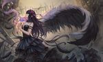  aaeru absurdres akemi_homura akuma_homura black_dress black_feathers black_hair black_wings breasts cleavage dress feathered_wings flower hands_clasped highres holding large_wings long_hair mahou_shoujo_madoka_magica mahou_shoujo_madoka_magica_movie medium_breasts outdoors own_hands_together purple_flower ruins solo strapless strapless_dress wings 